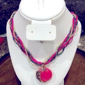 Multicolor Beaded rhinestone Necklace with Pink peacock Pendant